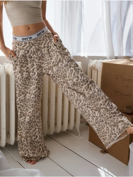 Aerie Street Trouser Neutral Leopard Wide-Leg Pants - Picture 2 of 8